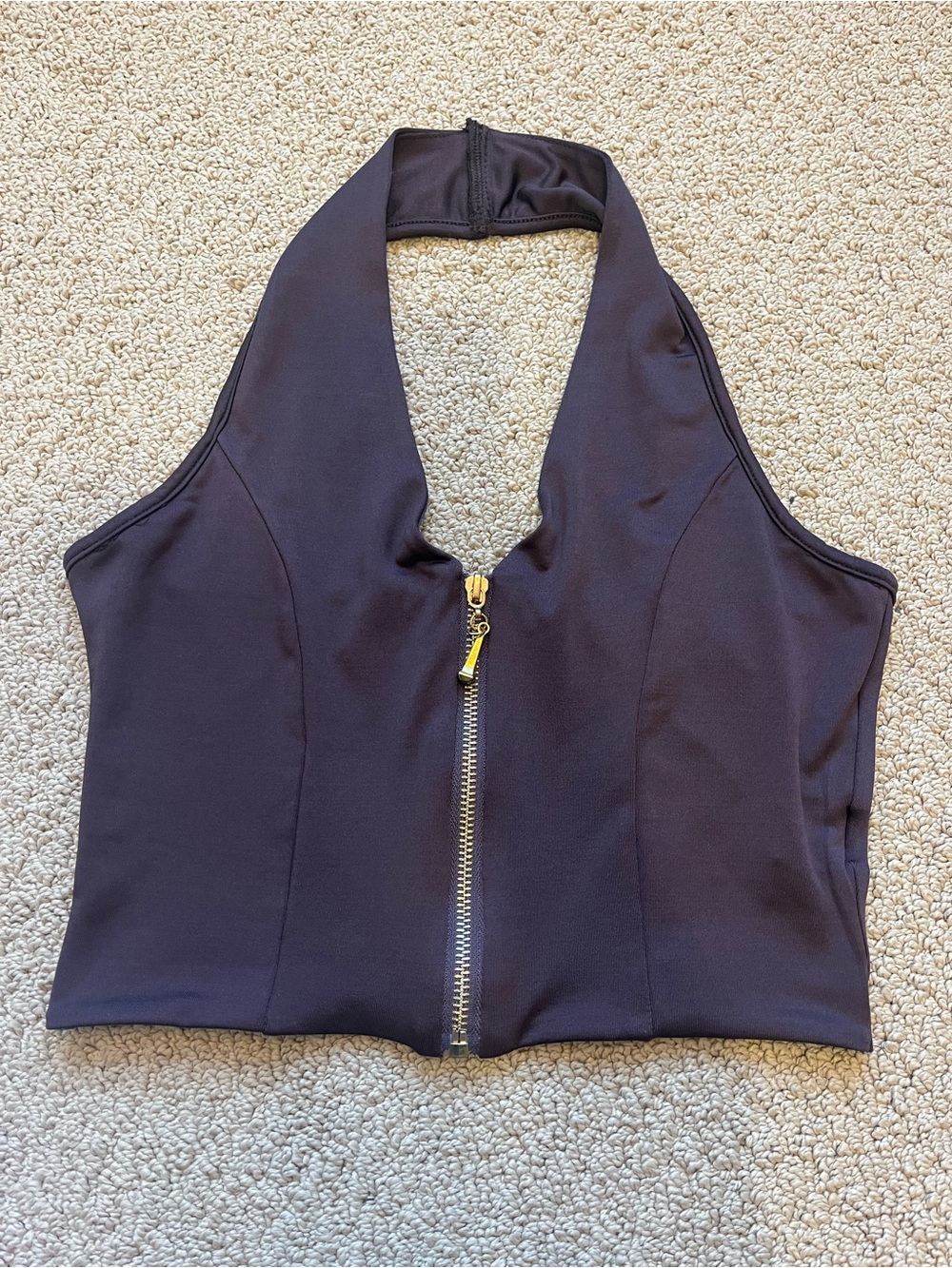 Brown Halter Crop Top with Front Zip
